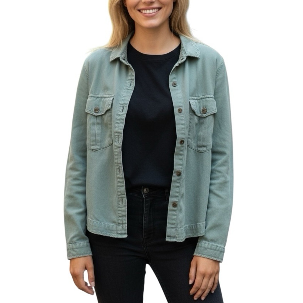 The Great Dusty Green Denim Snap Front Shirt Jacket Shacket Size M